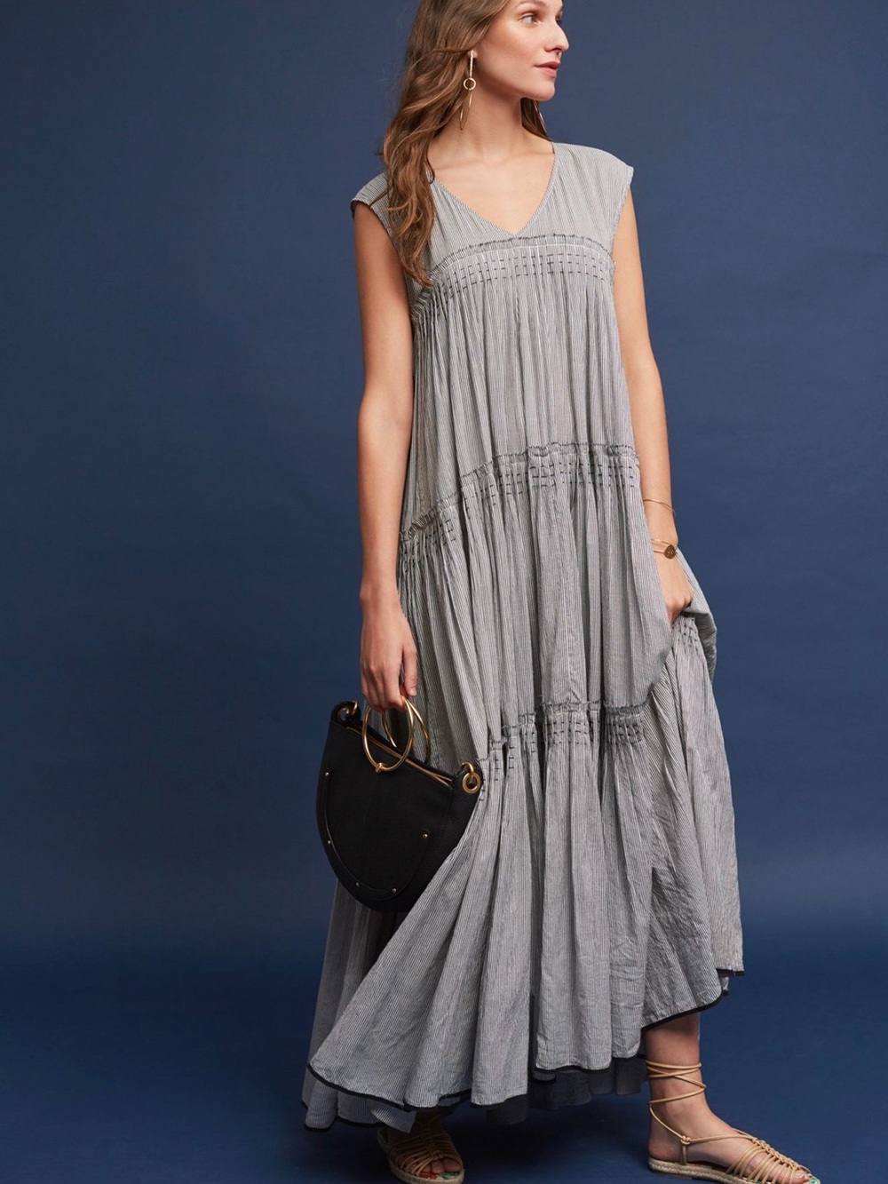 Anthropologie Light Gray Tiered V-Neck Maxi Dress